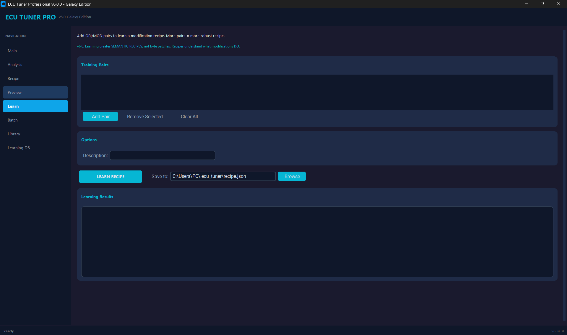 Learn tab with training pairs and semantic recipes