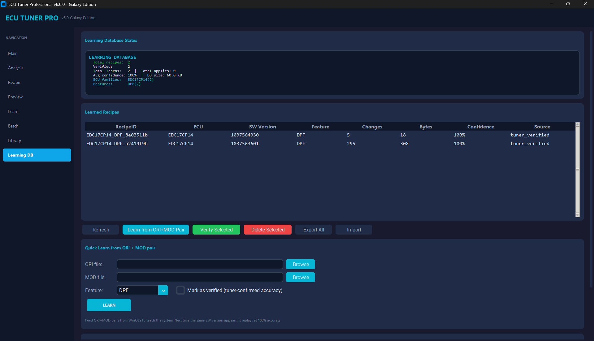 Learning Database with verified recipes