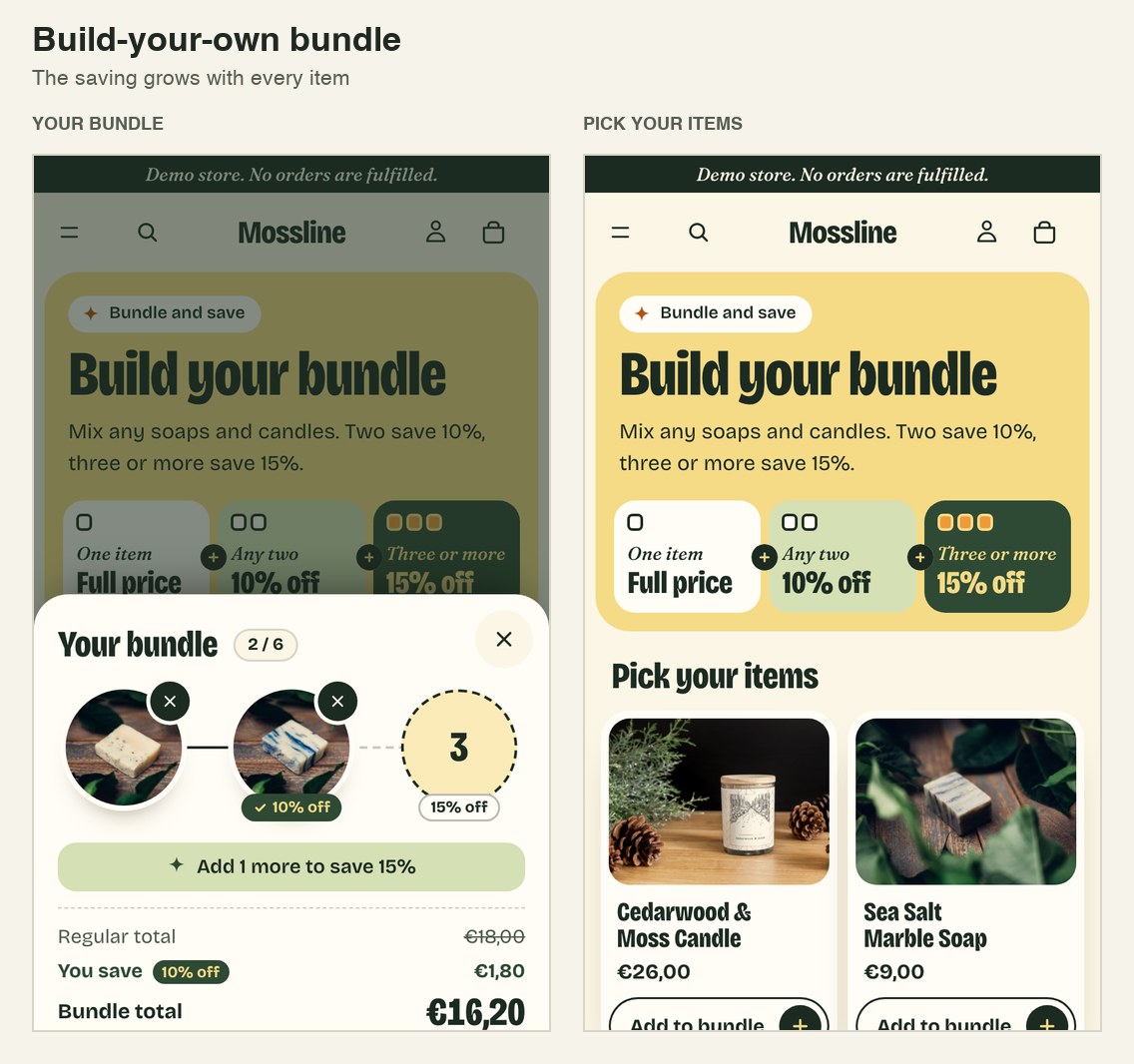 Bundle builder: saving steps of 10 and 15 percent above a grid of soaps and candles.