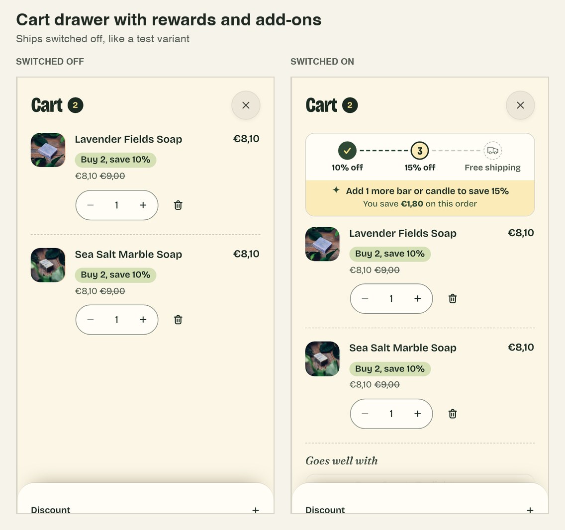 Cart drawer with a rewards track above two soaps and a goes well with row.