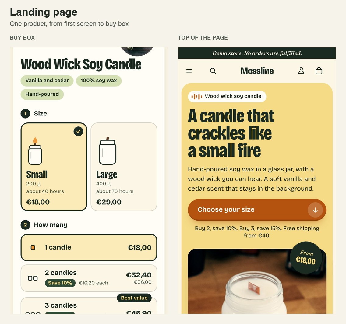 Landing page for a wood wick candle: headline, a choose your size button and the product photo with its price.