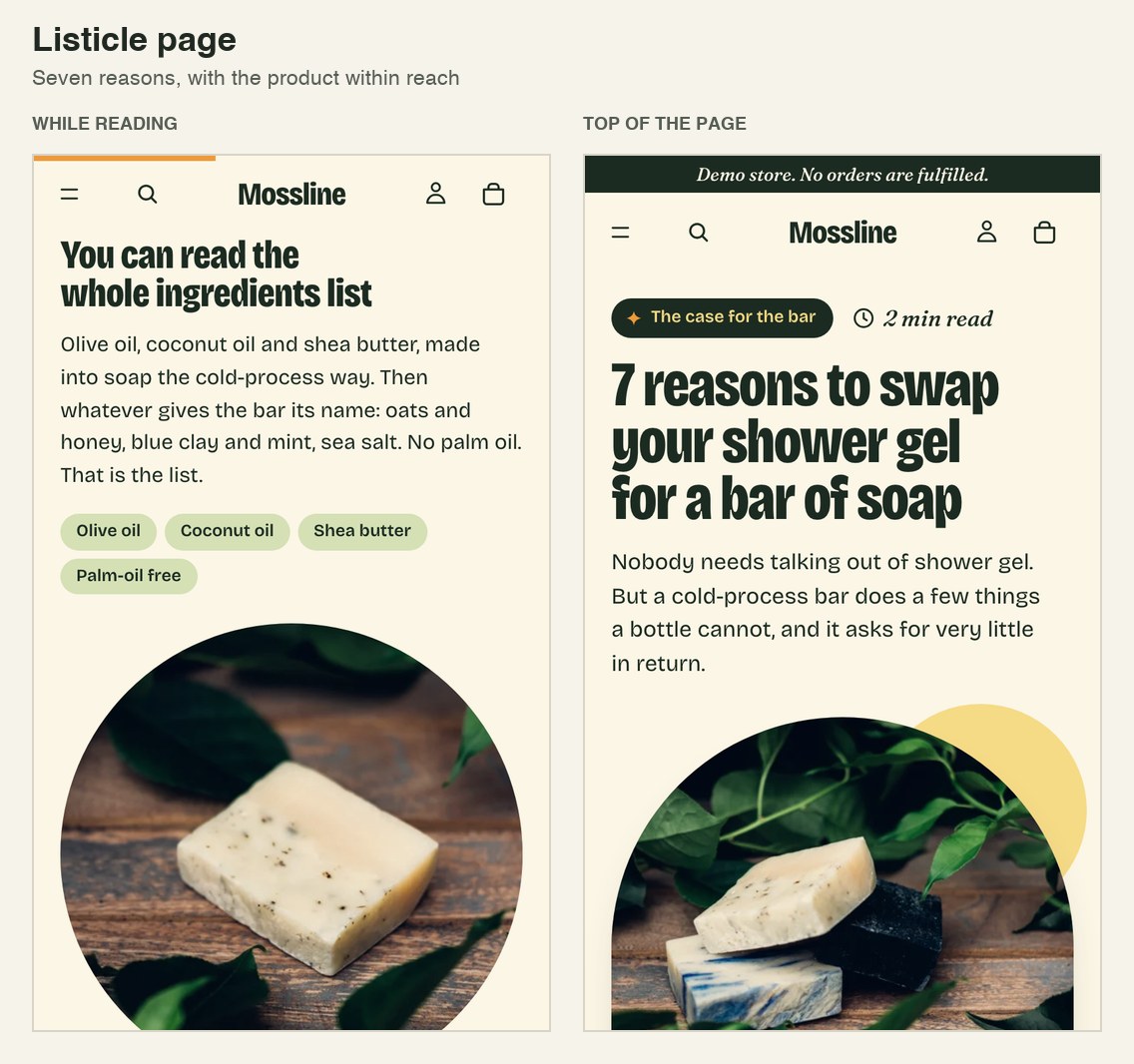 Article page with the headline: 7 reasons to swap your shower gel for a bar of soap.