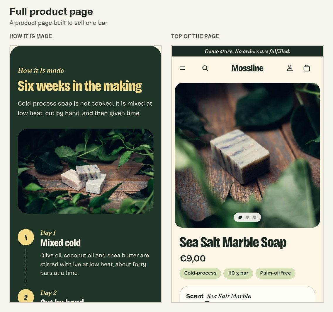 Product page for a soap bar: photo, name, price, three fact pills and a scent switcher.